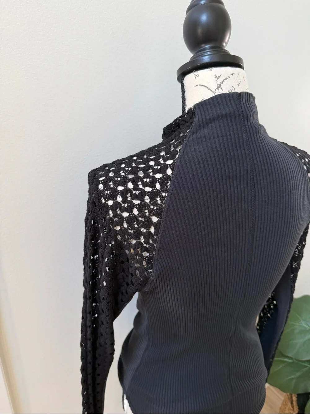 Free People Black Ribbed Mock Neck Top with Crochet Sleeves